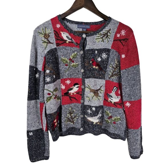 Northern Isles Patchwork Wool Angora Cardigan M Gray Red Bird Snowflake Winter - Picture 1 of 10